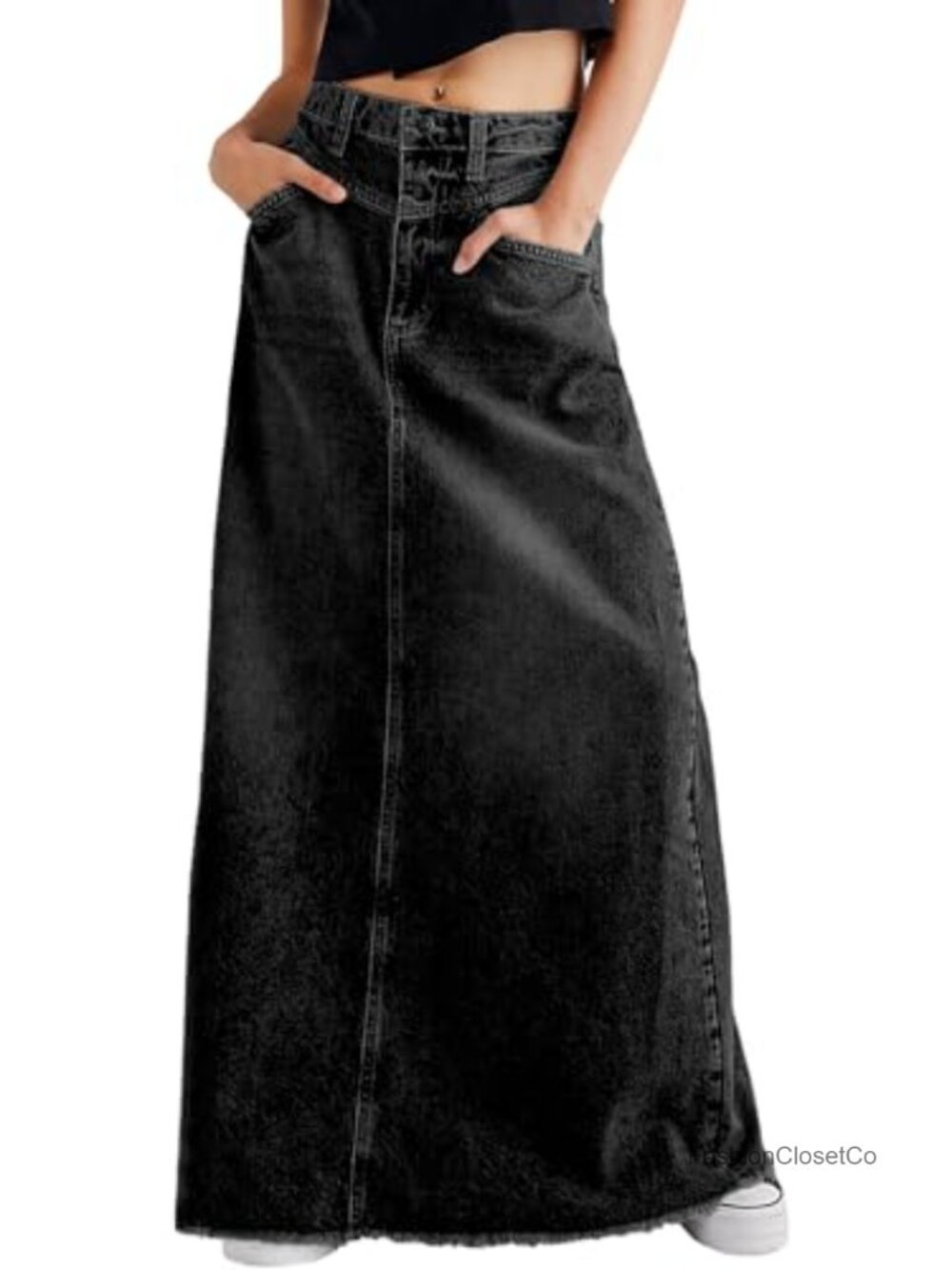 Women's Vintage Denim Maxi Skirt Frayed Raw Hem High Waist A-Line Jean Skirt
